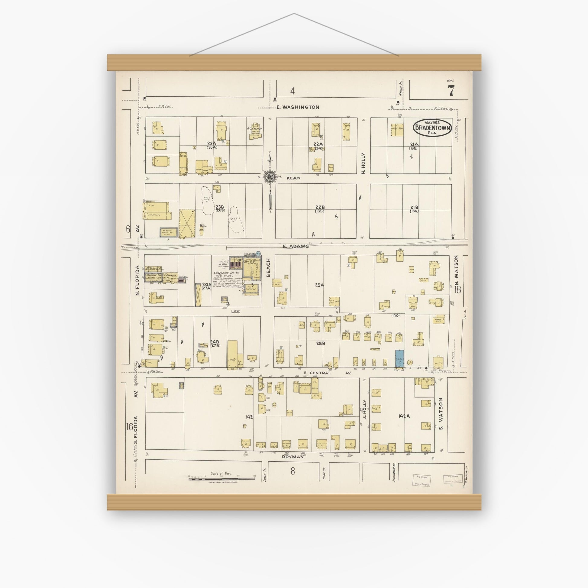 Old map wall art mockup — magnetic wood frame on white wall — Sanborn Fire Insurance Map from Bradentown, Manatee County, Florida (1922), Sheet #0007