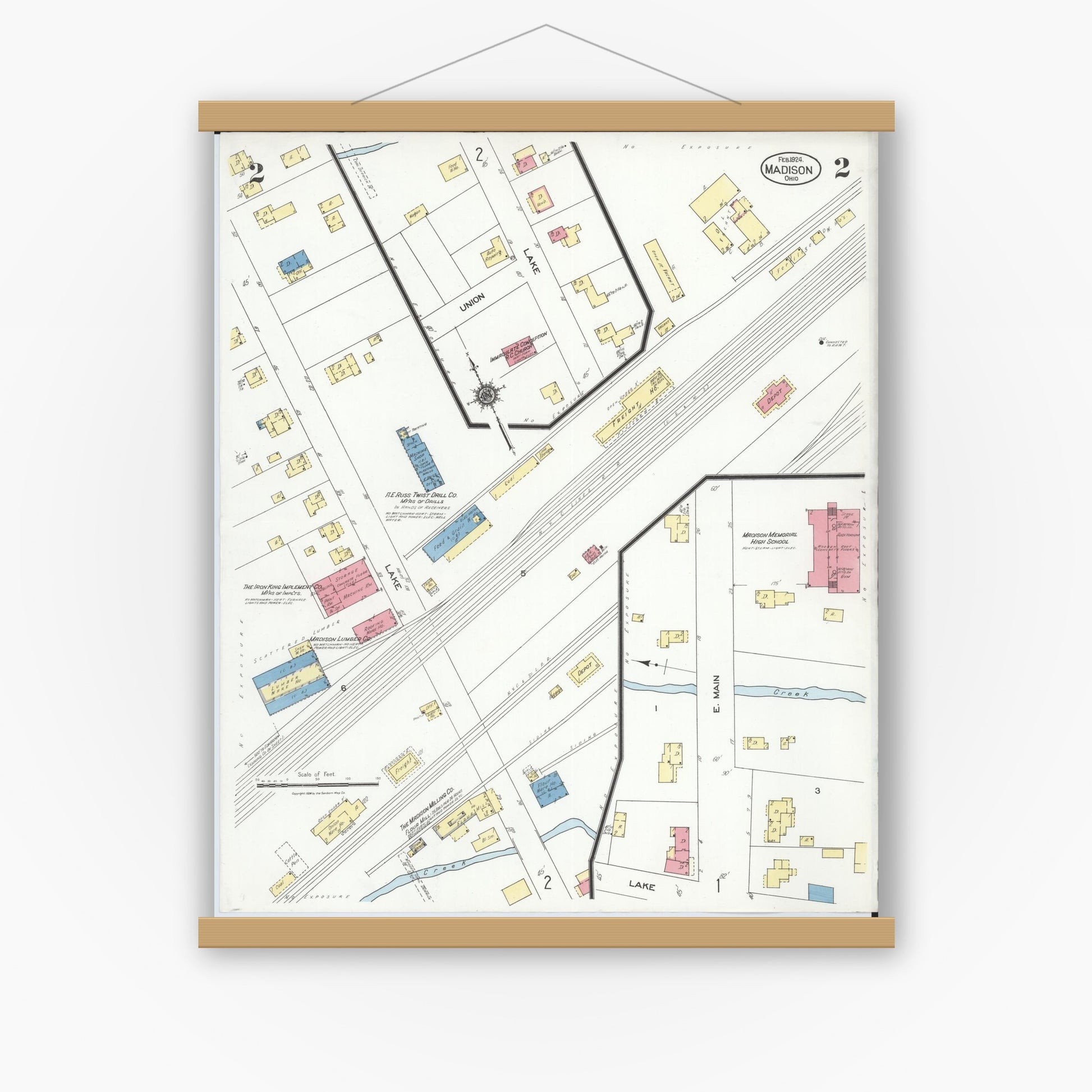 Old map wall art mockup — magnetic wood frame on white wall — Sanborn Fire Insurance Map from Madison, Lake County, Ohio (1924), Sheet #0002