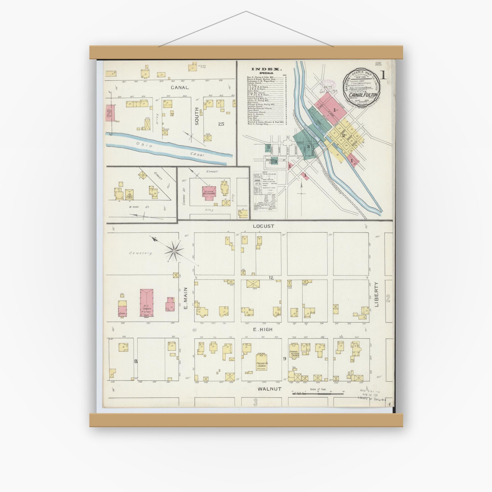 Old map wall art mockup — magnetic wood frame on white wall — Sanborn Fire Insurance Map from Canal Fulton, Stark County, Ohio (1893), Sheet #0001
