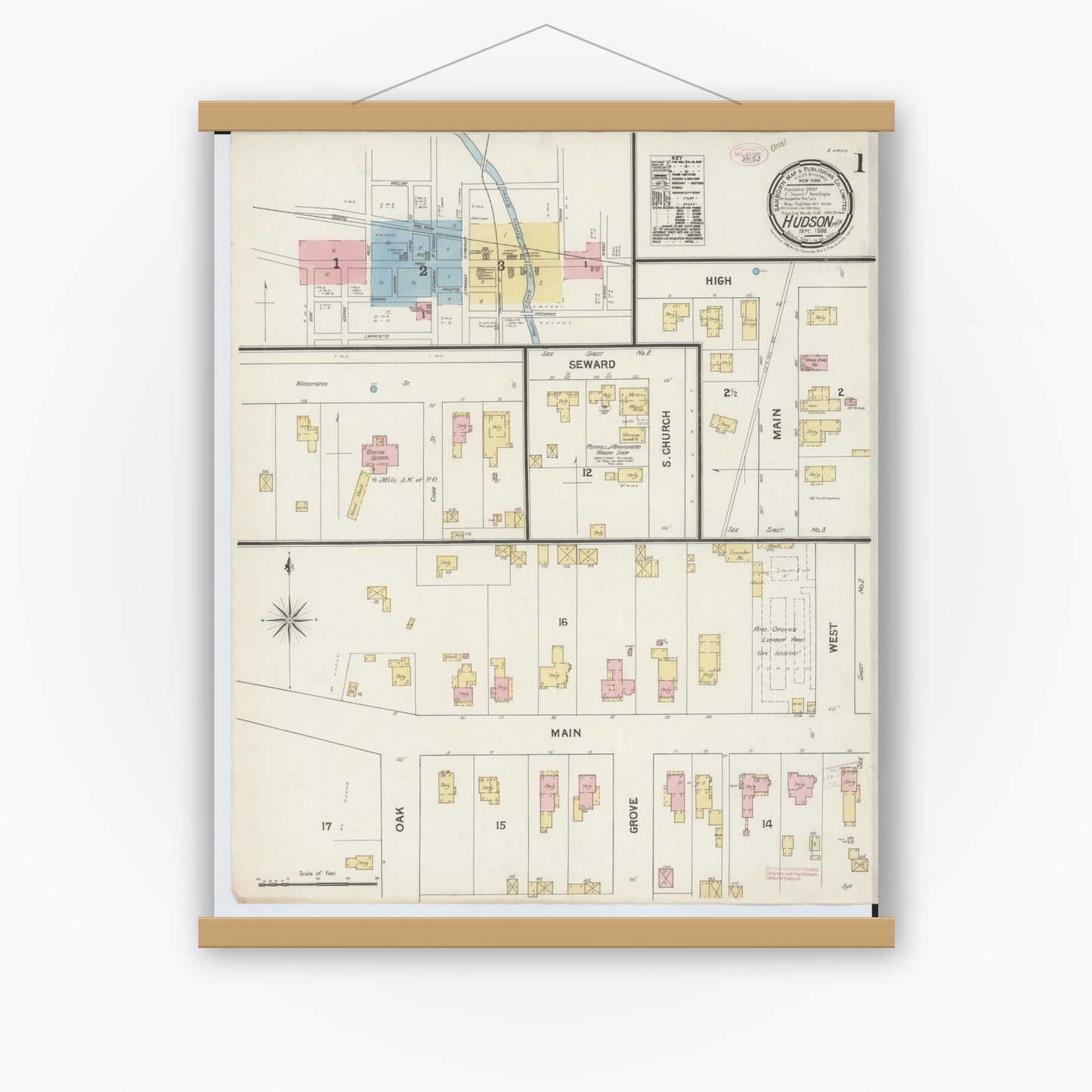 Old map wall art mockup — magnetic wood frame on white wall — Sanborn Fire Insurance Map from Hudson, Lenawee County, Michigan (1888) - Complete Map Set