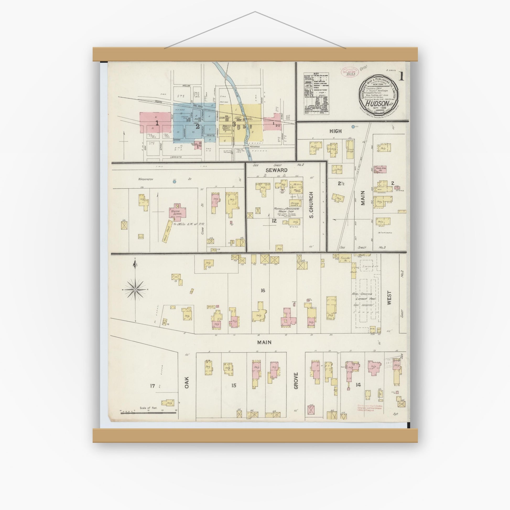 Old map wall art mockup — magnetic wood frame on white wall — Sanborn Fire Insurance Map from Hudson, Lenawee County, Michigan (1888) - Complete Map Set
