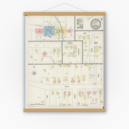 Old map wall art mockup — magnetic wood frame on white wall — Sanborn Fire Insurance Map from Hudson, Lenawee County, Michigan (1888) - Complete Map Set