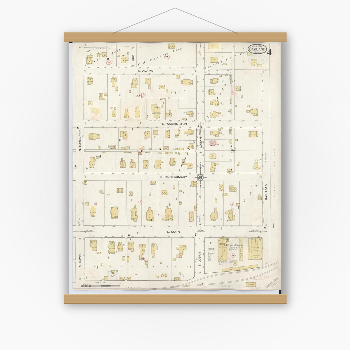 Old map wall art mockup — magnetic wood frame on white wall — Sanborn Fire Insurance Map from Oakland, Coles County, Illinois (1932), Sheet #0004