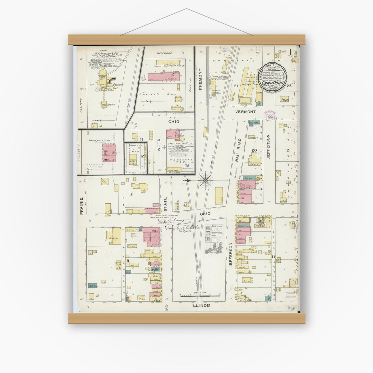 Old map wall art mockup — magnetic wood frame on white wall — Sanborn Fire Insurance Map from Camp Point, Adams County, Illinois (1893) - Complete Map Set