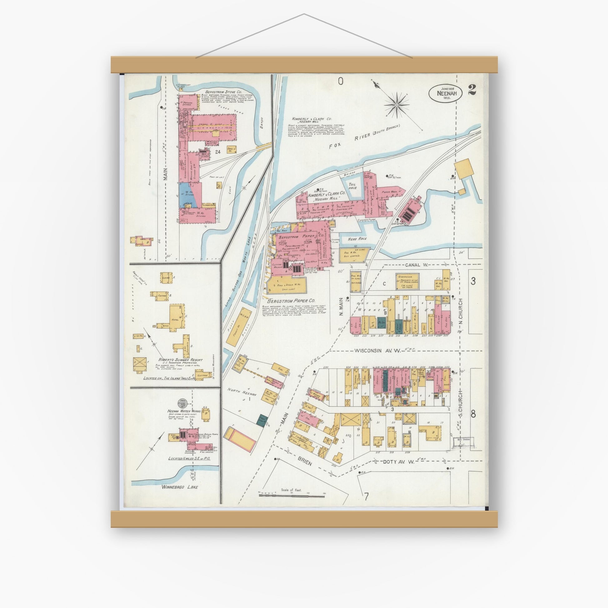 Old map wall art mockup — magnetic wood frame on white wall — Sanborn Fire Insurance Map from Neenah, Winnebago County, Wisconsin (1906), Sheet #0002