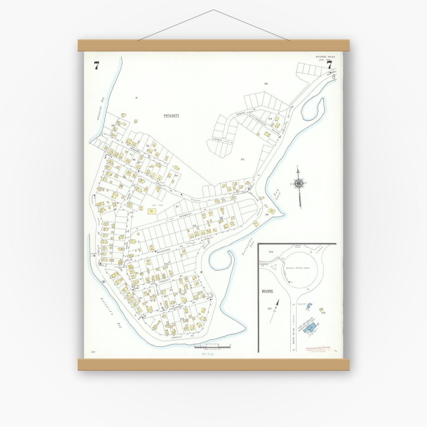 Old map wall art mockup — magnetic wood frame on white wall — Sanborn Fire Insurance Map from Bourne, Barnstable County, Massachusetts (1941), Sheet #0007
