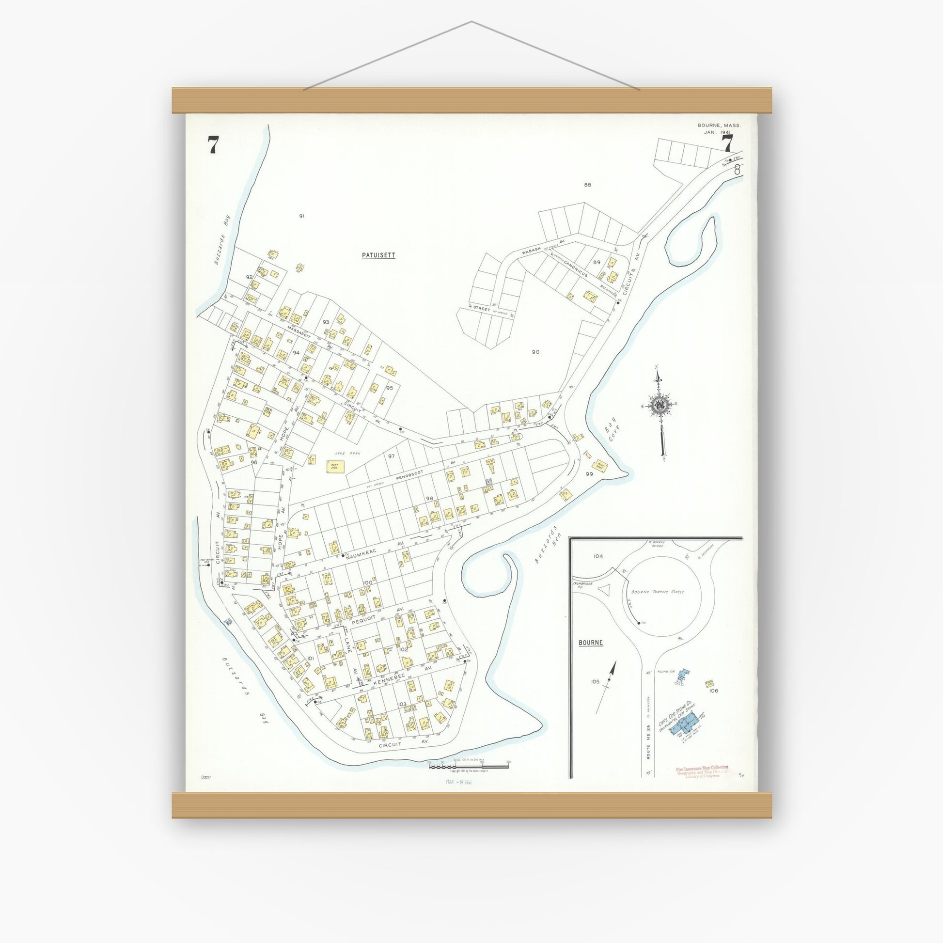 Old map wall art mockup — magnetic wood frame on white wall — Sanborn Fire Insurance Map from Bourne, Barnstable County, Massachusetts (1941), Sheet #0007