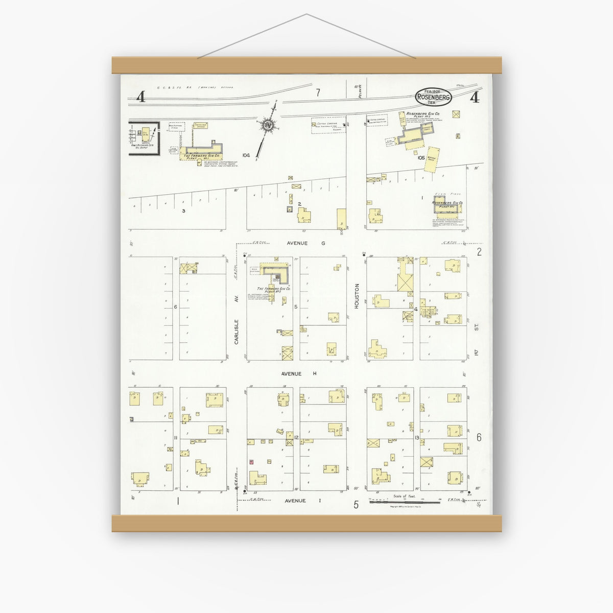 Old map wall art mockup — magnetic wood frame on white wall — Sanborn Fire Insurance Map from Rosenberg, Fort Bend County, Texas (1926), Sheet #0004