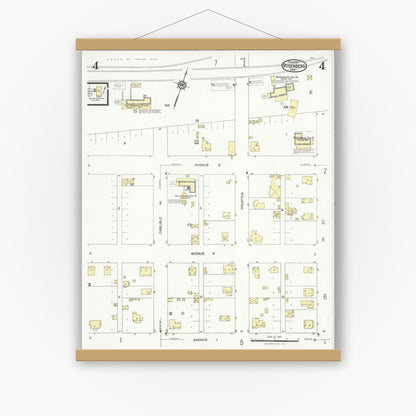 Old map wall art mockup — magnetic wood frame on white wall — Sanborn Fire Insurance Map from Rosenberg, Fort Bend County, Texas (1926), Sheet #0004