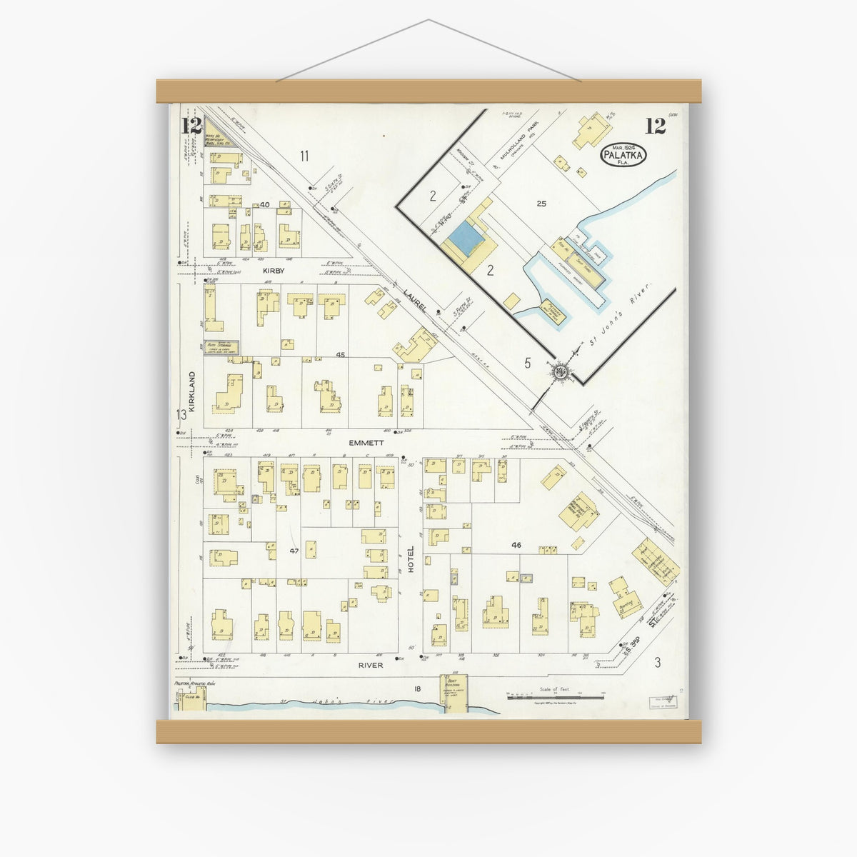 Old map wall art mockup — magnetic wood frame on white wall — Sanborn Fire Insurance Map from Palatka, Putnam County, Florida (1924), Sheet #0012