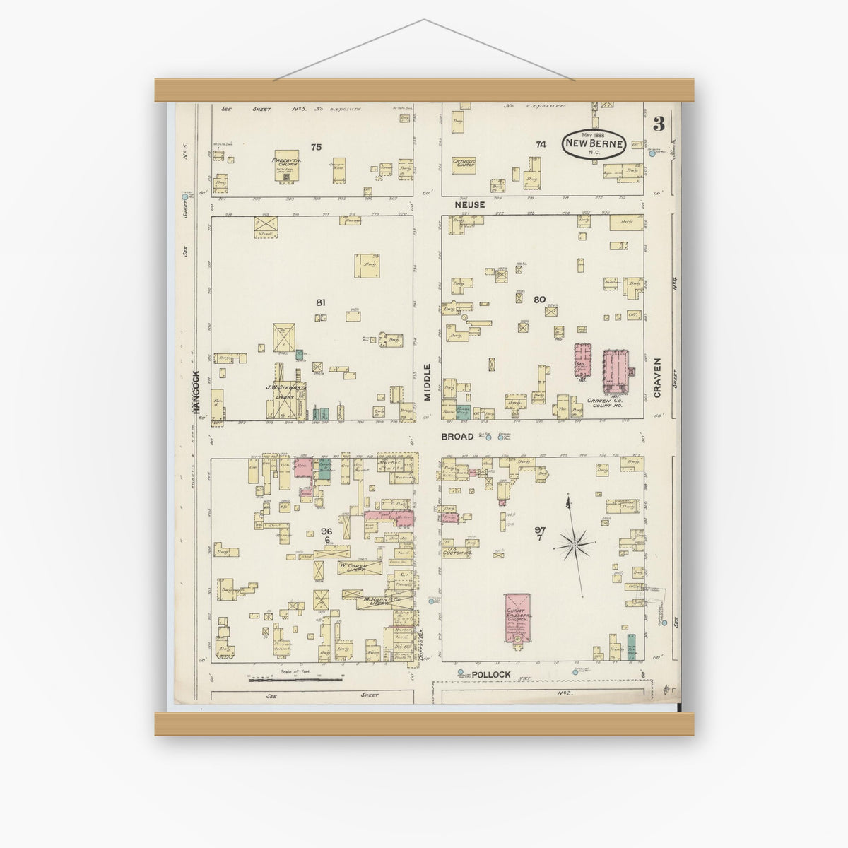 Old map wall art mockup — magnetic wood frame on white wall — Sanborn Fire Insurance Map from New Bern, Craven County, North Carolina (1888), Sheet #0003