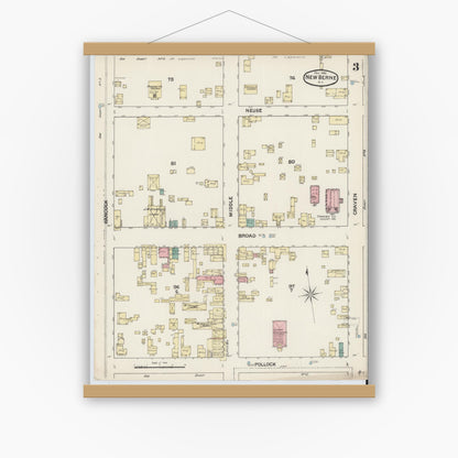 Old map wall art mockup — magnetic wood frame on white wall — Sanborn Fire Insurance Map from New Bern, Craven County, North Carolina (1888), Sheet #0003
