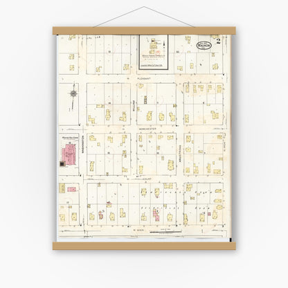 Old map wall art mockup — magnetic wood frame on white wall — Sanborn Fire Insurance Map from Waukon, Allamakee County, Iowa (1934), Sheet #0002