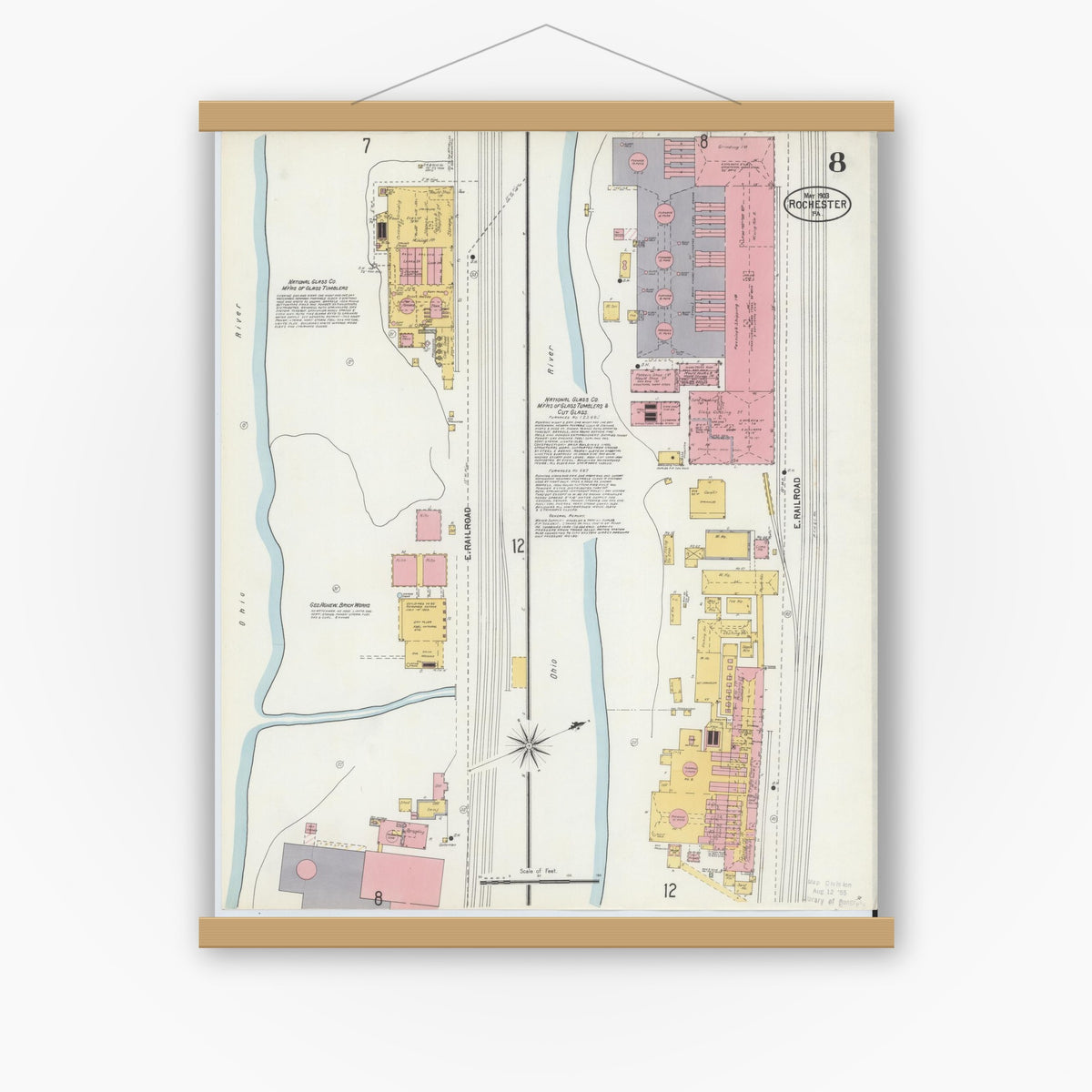 Old map wall art mockup — magnetic wood frame on white wall — Sanborn Fire Insurance Map from Rochester, Beaver County, Pennsylvania (1903), Sheet #0008