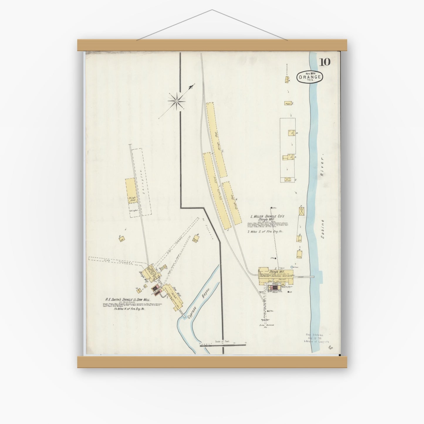 Old map wall art mockup — magnetic wood frame on white wall — Sanborn Fire Insurance Map from Orange, Orange County, Texas (1896), Sheet #0010
