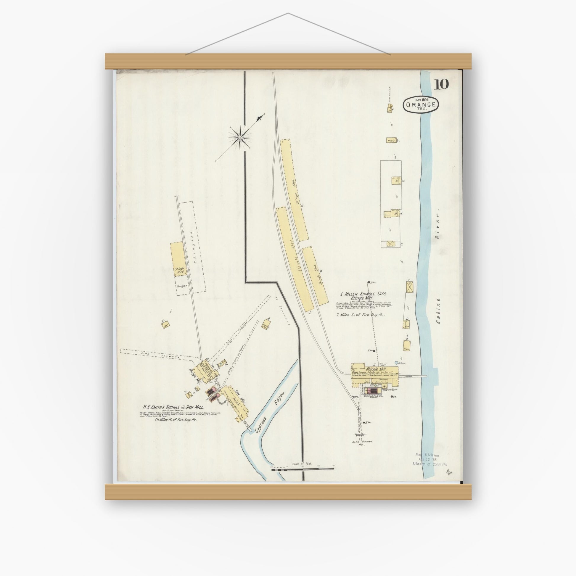 Old map wall art mockup — magnetic wood frame on white wall — Sanborn Fire Insurance Map from Orange, Orange County, Texas (1896), Sheet #0010