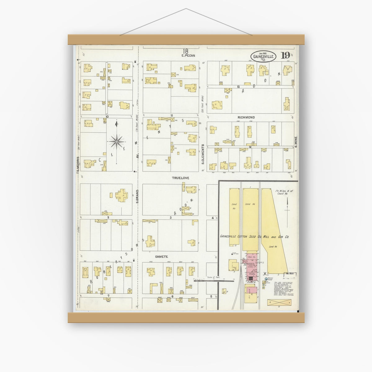 Old map wall art mockup — magnetic wood frame on white wall — Sanborn Fire Insurance Map from Gainesville, Cooke County, Texas (1902), Sheet #0019