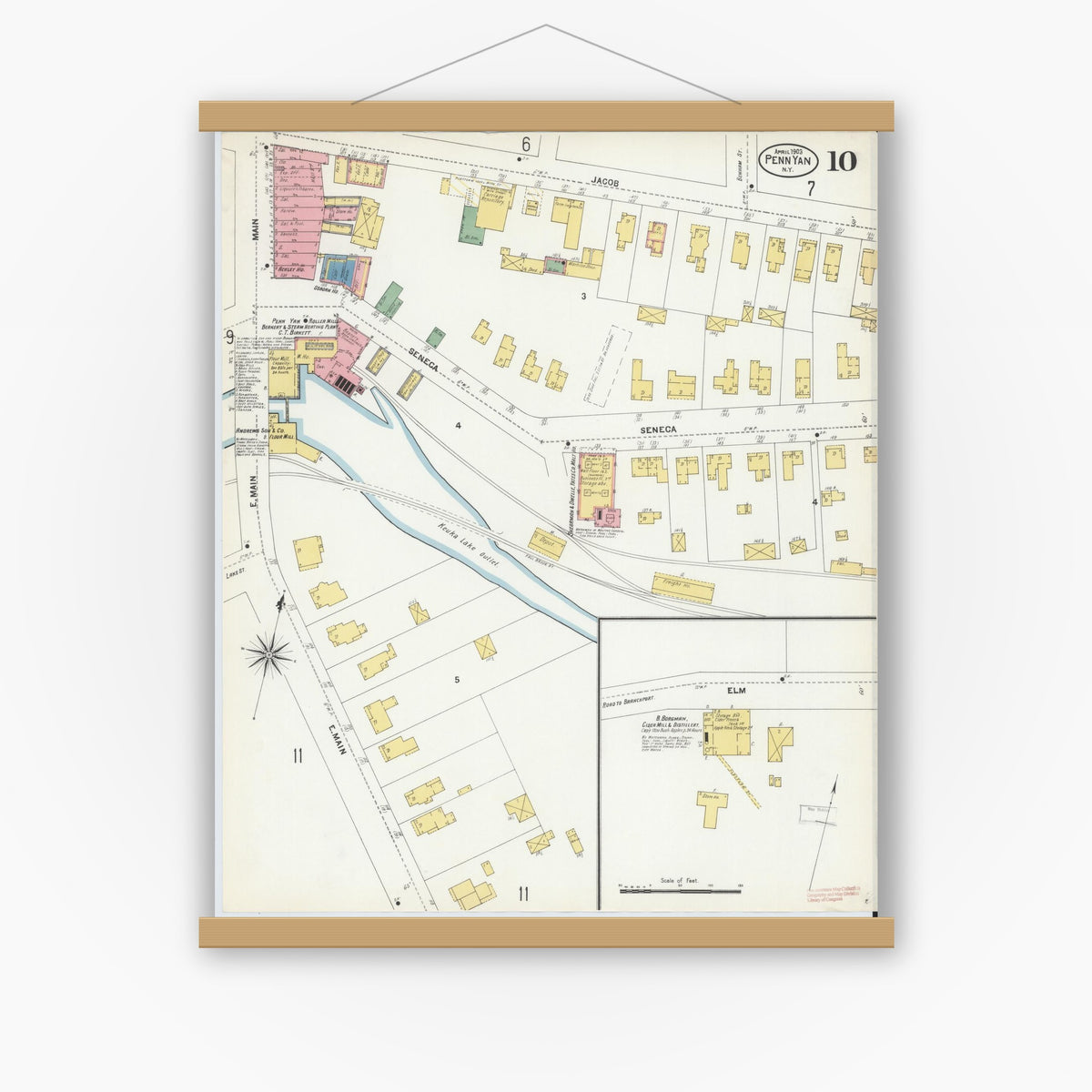 Old map wall art mockup — magnetic wood frame on white wall — Sanborn Fire Insurance Map from Penn Yan, Yates County, New York (1903), Sheet #0010