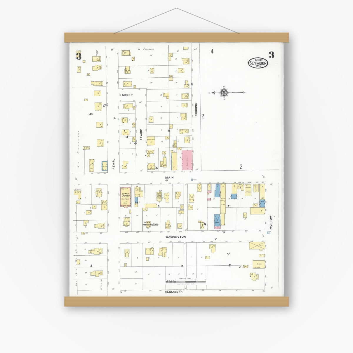 Old map wall art mockup — magnetic wood frame on white wall — Sanborn Fire Insurance Map from Seymour, Outagamie County, Wisconsin (1923), Sheet #0003