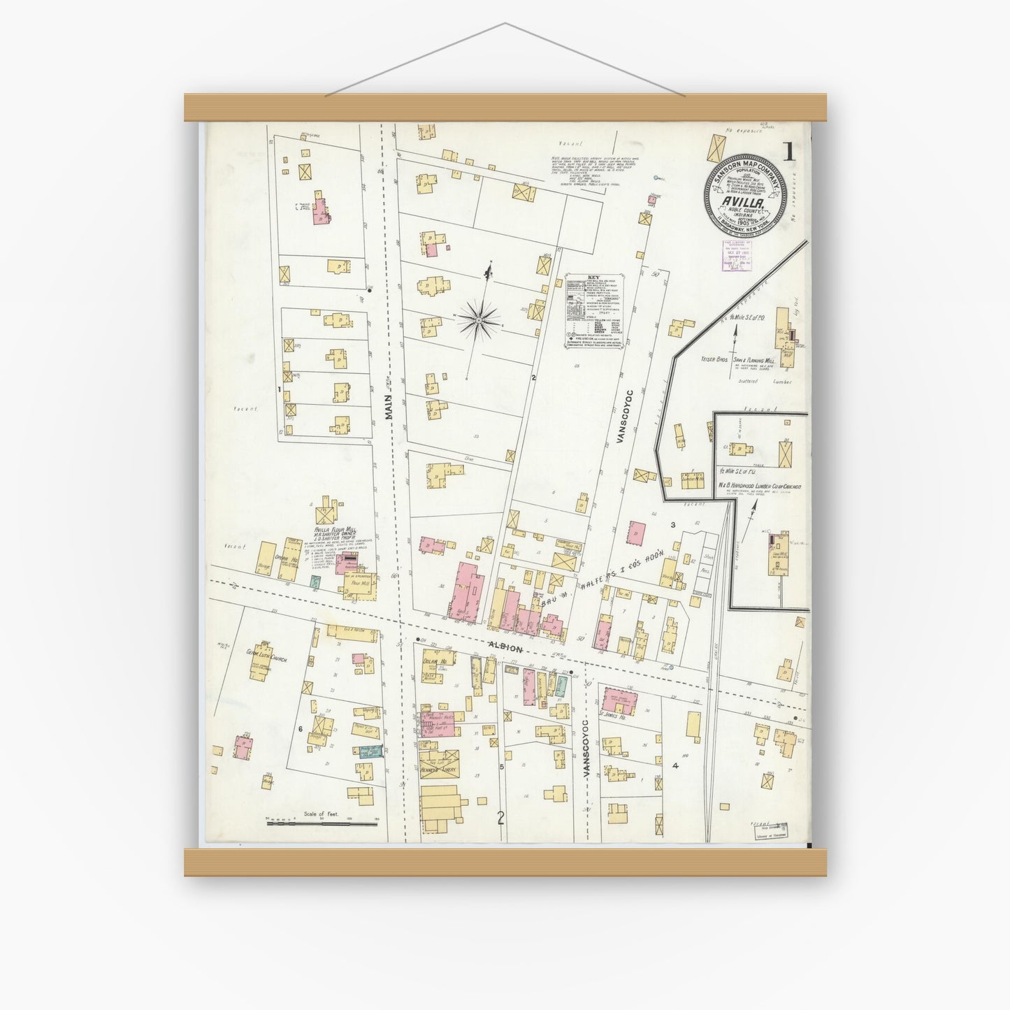 Old map wall art mockup — magnetic wood frame on white wall — Sanborn Fire Insurance Map from Avilla, Noble County, Indiana (1905), Sheet #0001