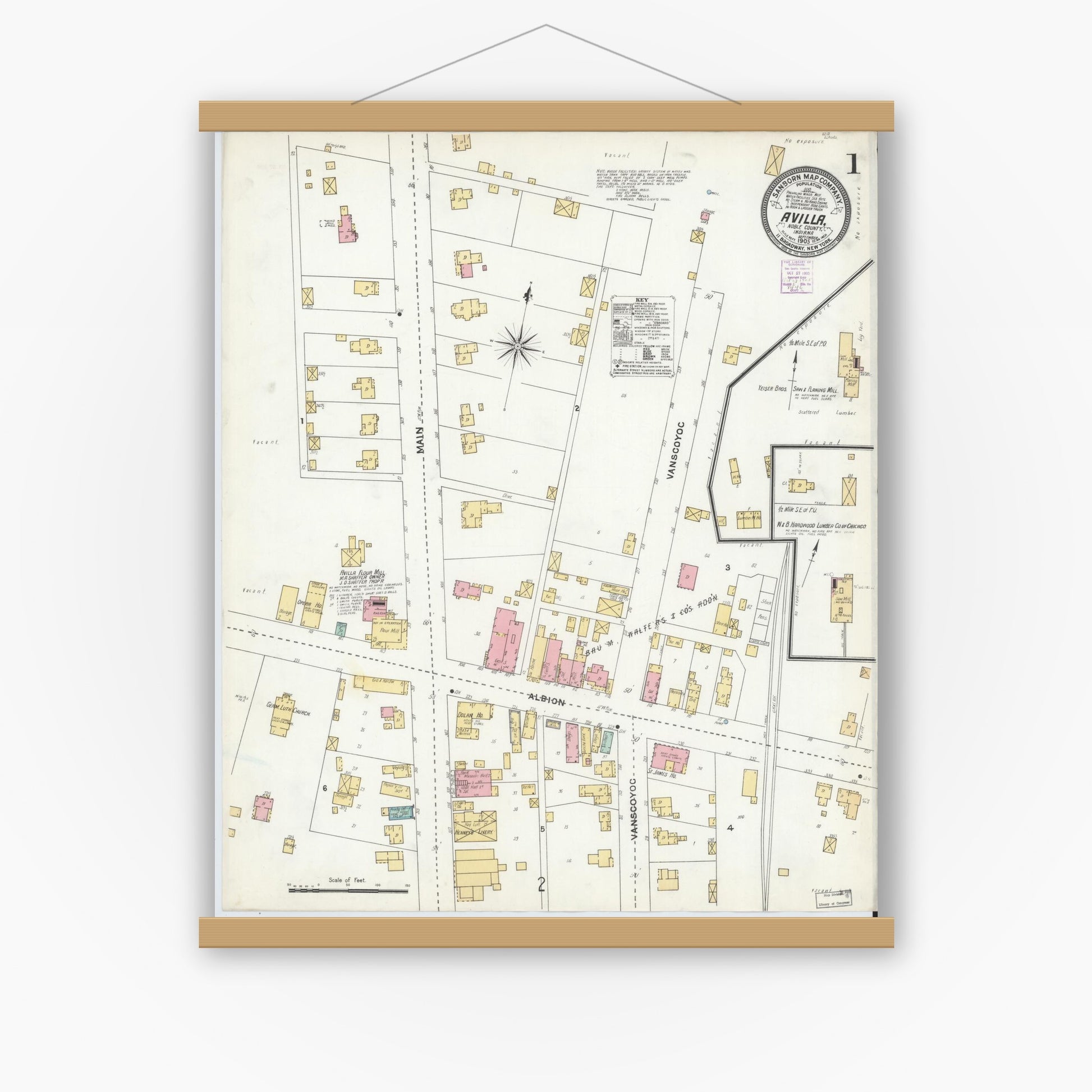 Old map wall art mockup — magnetic wood frame on white wall — Sanborn Fire Insurance Map from Avilla, Noble County, Indiana (1905), Sheet #0001