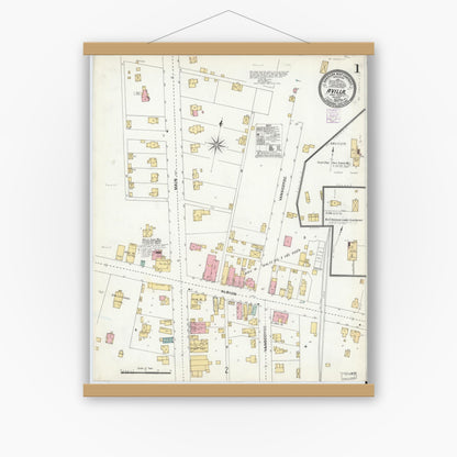 Old map wall art mockup — magnetic wood frame on white wall — Sanborn Fire Insurance Map from Avilla, Noble County, Indiana (1905), Sheet #0001
