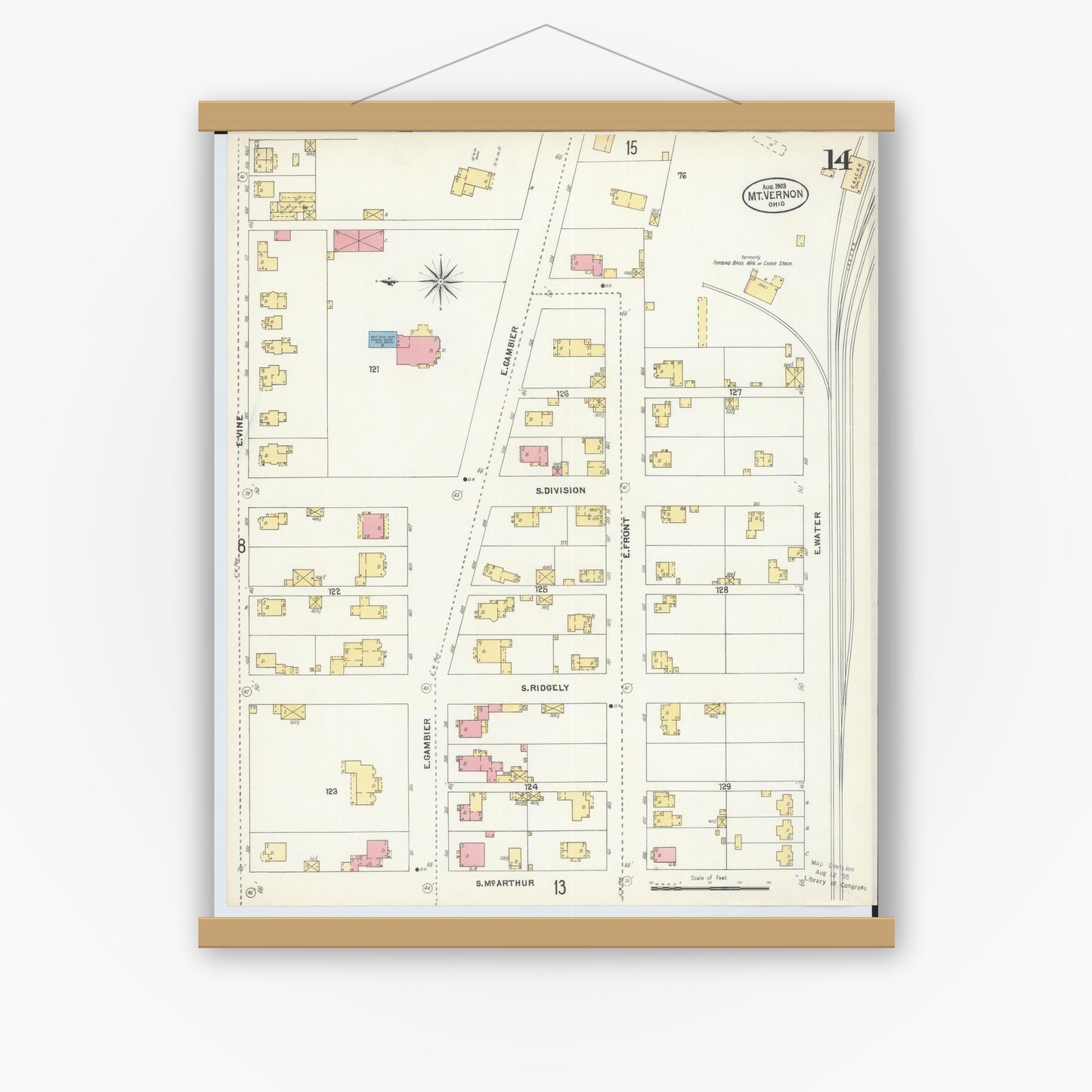 Old map wall art mockup — magnetic wood frame on white wall — Sanborn Fire Insurance Map from Mount Vernon, Knox County, Ohio (1903), Sheet #0014
