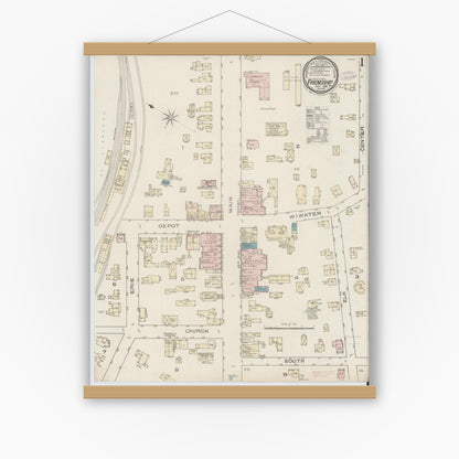 Old map wall art mockup — magnetic wood frame on white wall — Sanborn Fire Insurance Map from Friendship, Allegany County, New York (1886) - Complete Map Set