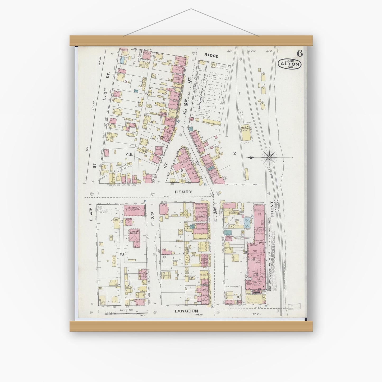 Old map wall art mockup — magnetic wood frame on white wall — Sanborn Fire Insurance Map from Alton, Madison County, Illinois (1892), Sheet #0006