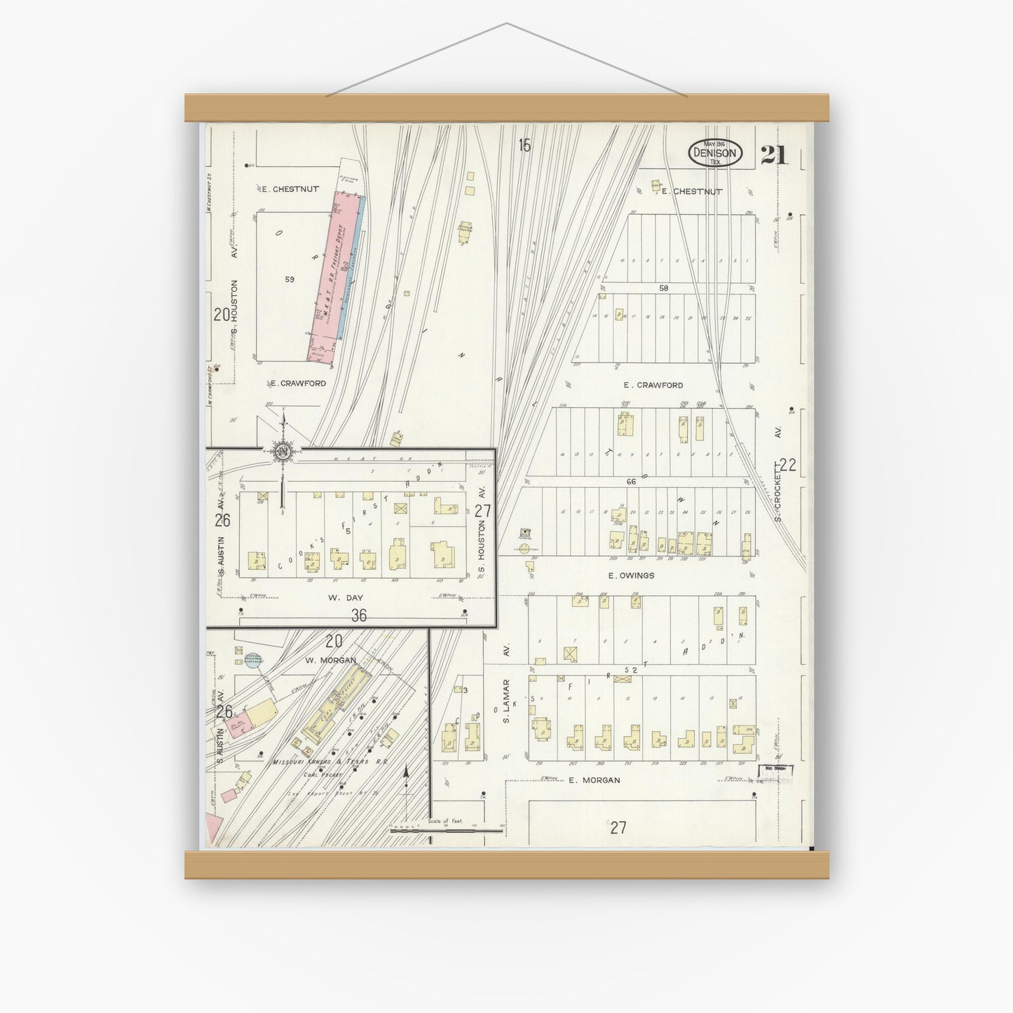 Old map wall art mockup — magnetic wood frame on white wall — Sanborn Fire Insurance Map from Denison, Grayson County, Texas (1914), Sheet #0021