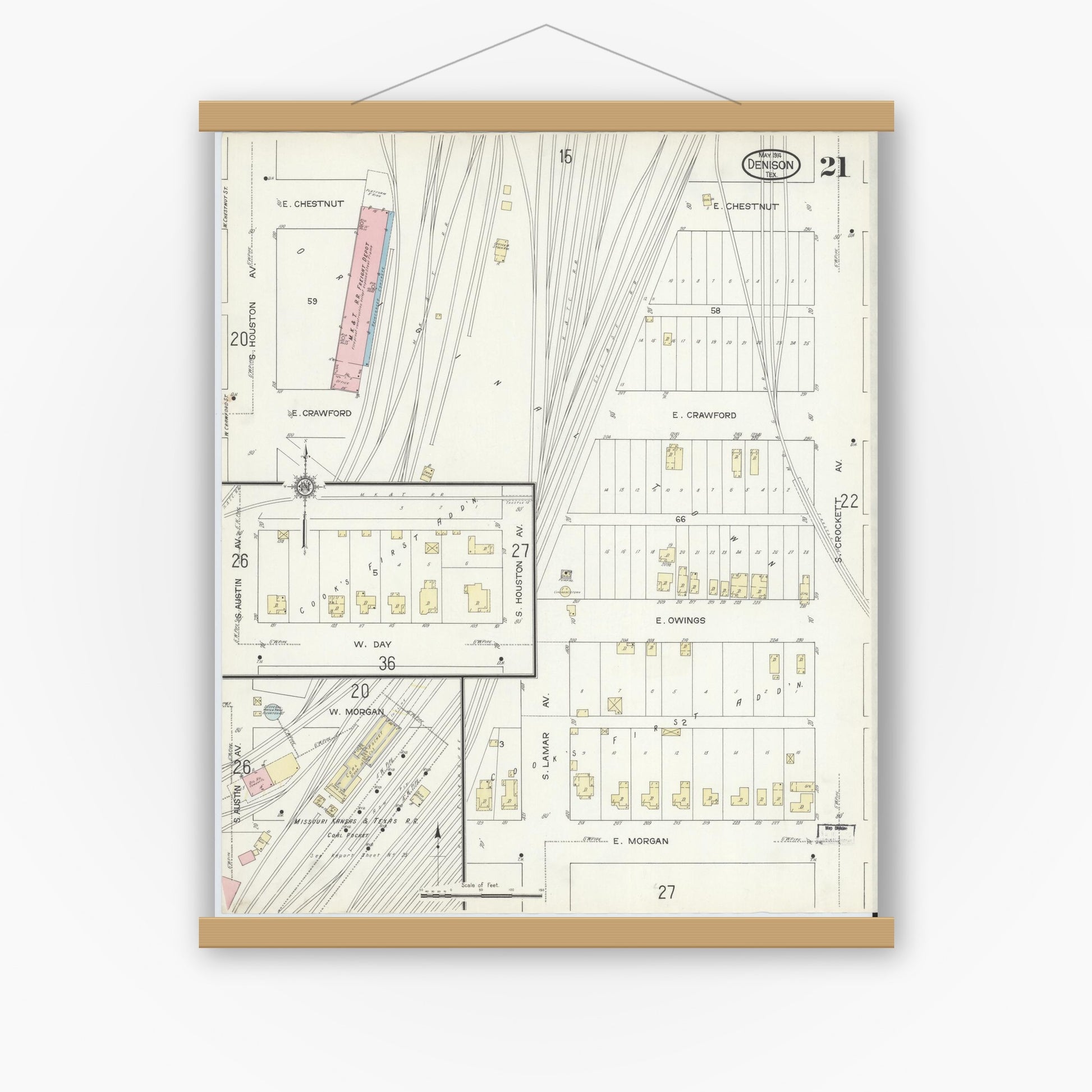 Old map wall art mockup — magnetic wood frame on white wall — Sanborn Fire Insurance Map from Denison, Grayson County, Texas (1914), Sheet #0021