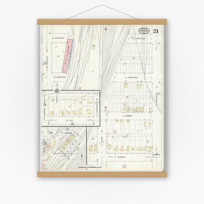 Old map wall art mockup — magnetic wood frame on white wall — Sanborn Fire Insurance Map from Denison, Grayson County, Texas (1914), Sheet #0021