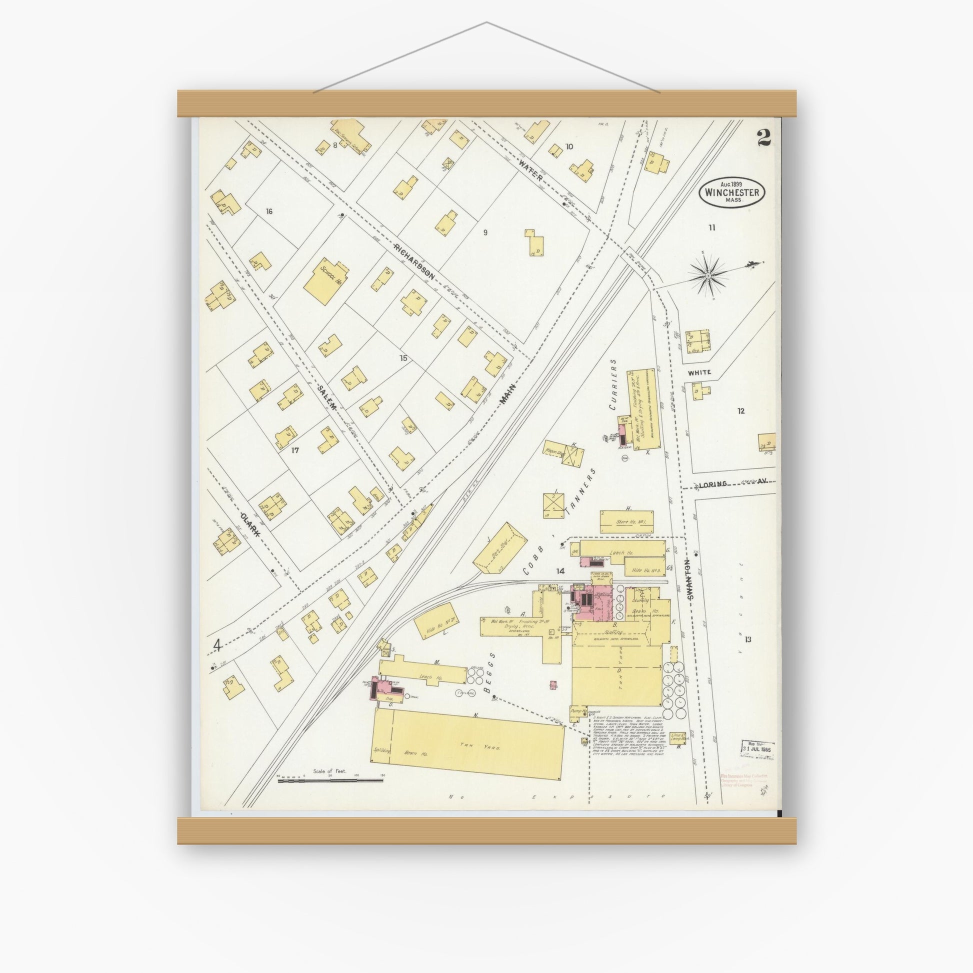 Old map wall art mockup — magnetic wood frame on white wall — Sanborn Fire Insurance Map from Winchester, Middlesex County, Massachusetts (1899), Sheet #0002
