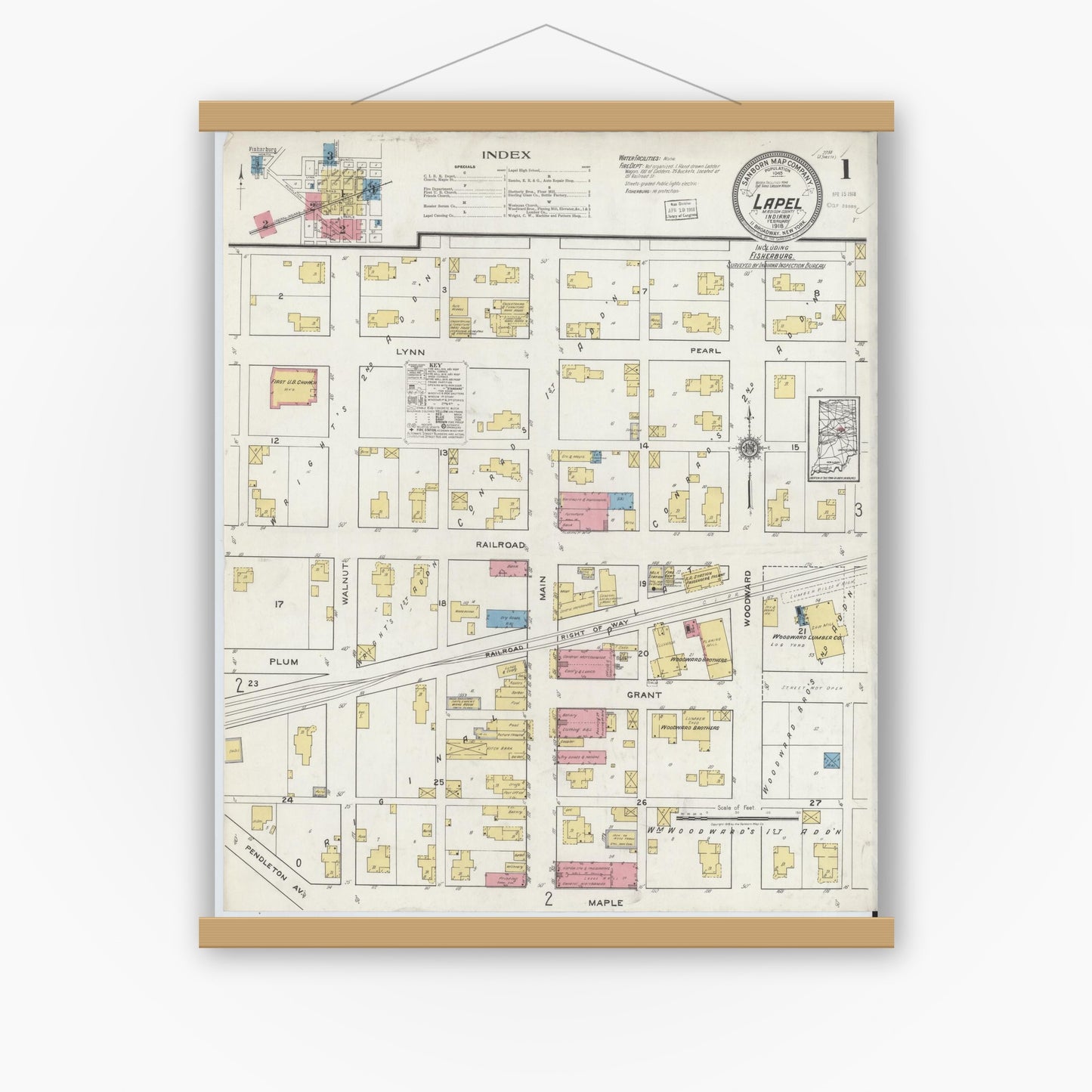 Old map wall art mockup — magnetic wood frame on white wall — Sanborn Fire Insurance Map from Lapel, Madison County, Indiana (1918) - Complete Map Set