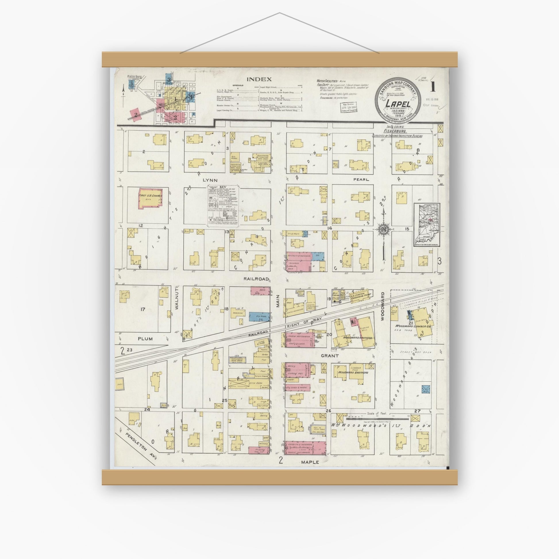 Old map wall art mockup — magnetic wood frame on white wall — Sanborn Fire Insurance Map from Lapel, Madison County, Indiana (1918) - Complete Map Set