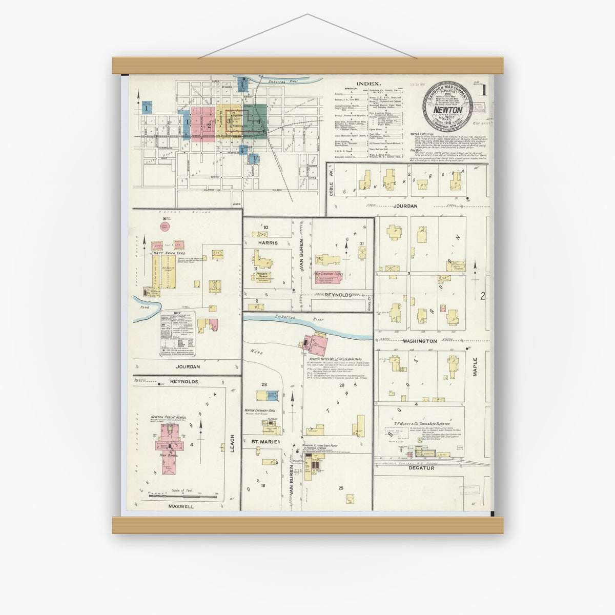 Old map wall art mockup — magnetic wood frame on white wall — Sanborn Fire Insurance Map from Newton, Jasper County, Illinois (1910), Sheet #0001