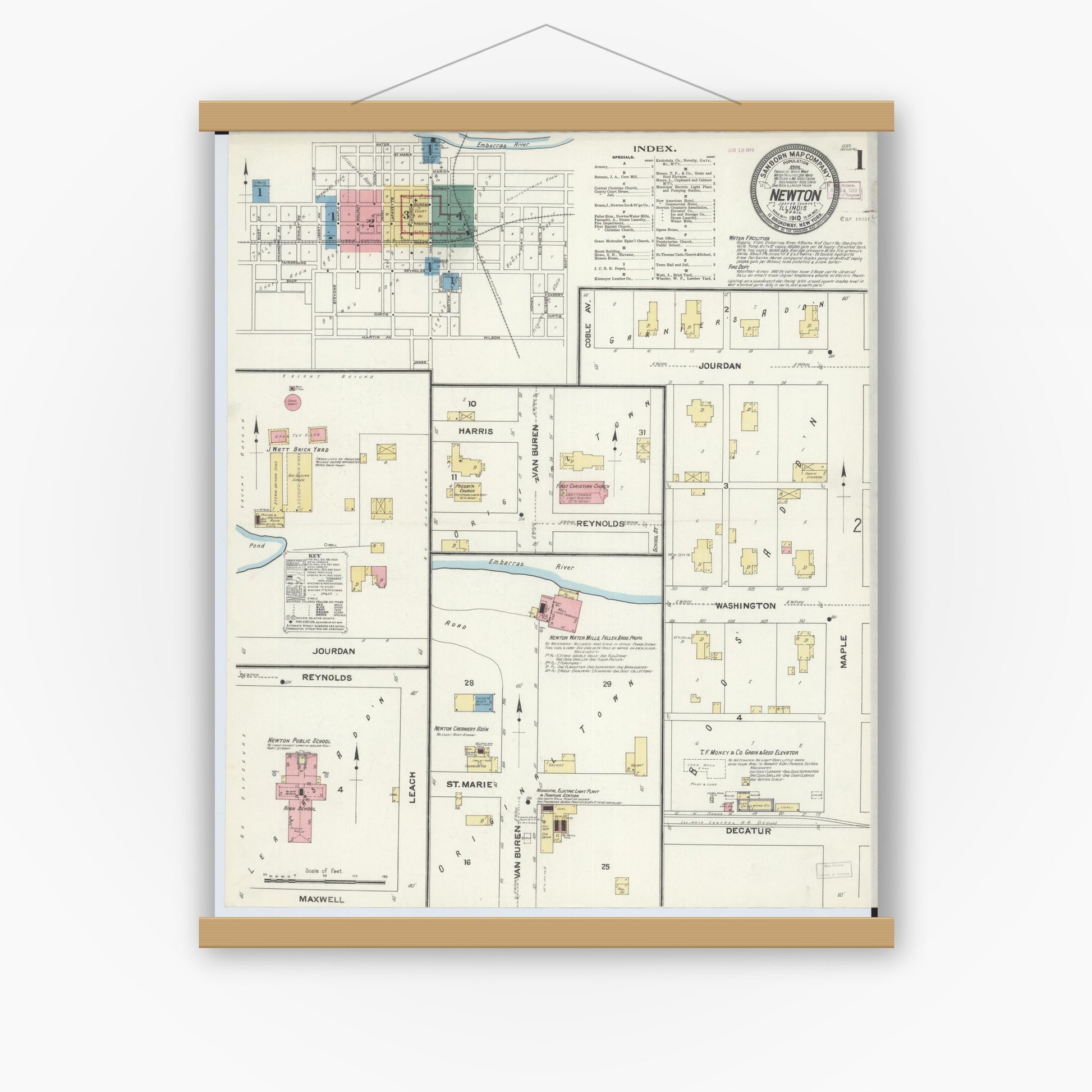 Old map wall art mockup — magnetic wood frame on white wall — Sanborn Fire Insurance Map from Newton, Jasper County, Illinois (1910), Sheet #0001