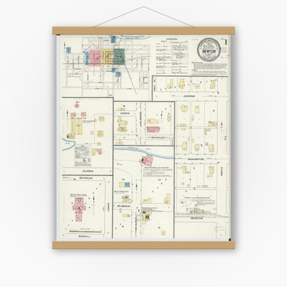 Old map wall art mockup — magnetic wood frame on white wall — Sanborn Fire Insurance Map from Newton, Jasper County, Illinois (1910), Sheet #0001