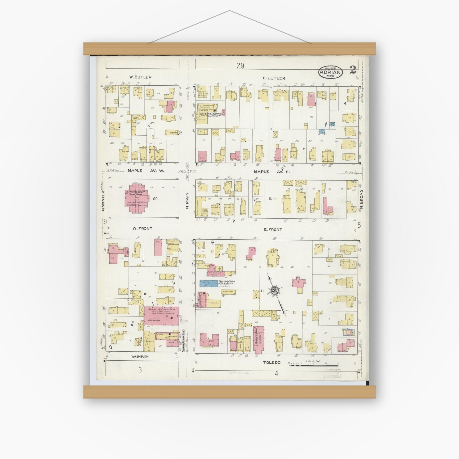 Old map wall art mockup — magnetic wood frame on white wall — Sanborn Fire Insurance Map from Adrian, Lenawee County, Michigan (1916), Sheet #0002