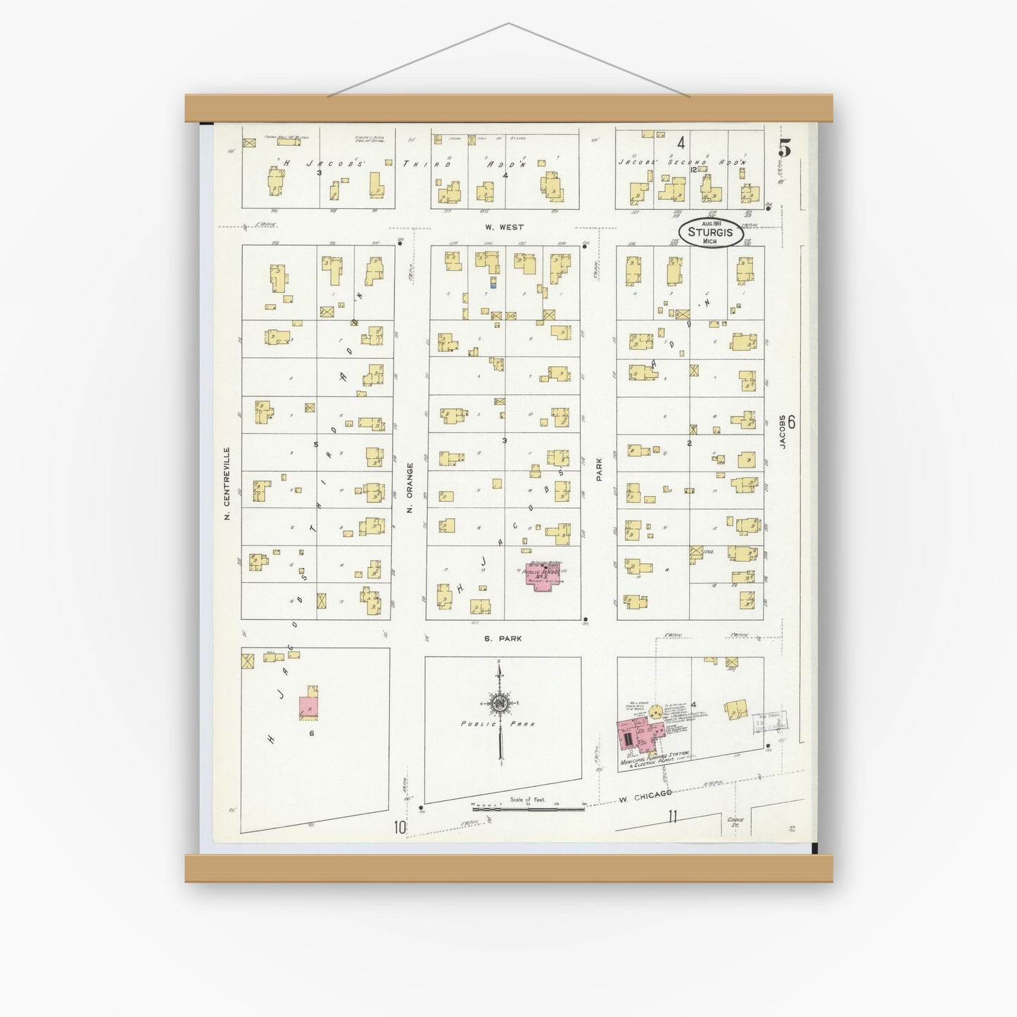 Old map wall art mockup — magnetic wood frame on white wall — Sanborn Fire Insurance Map from Sturgis, Saint Joseph County, Michigan (1911), Sheet #0005