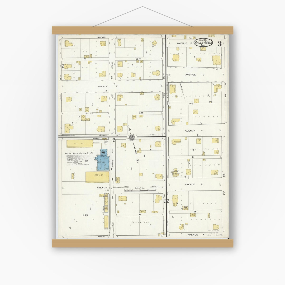 Old map wall art mockup — magnetic wood frame on white wall — Sanborn Fire Insurance Map from Valley Mills, Bosque County, Texas (1915), Sheet #0003