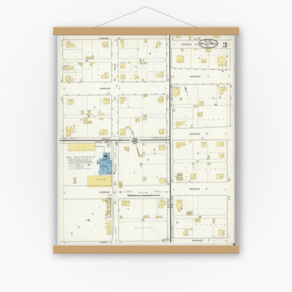 Old map wall art mockup — magnetic wood frame on white wall — Sanborn Fire Insurance Map from Valley Mills, Bosque County, Texas (1915), Sheet #0003