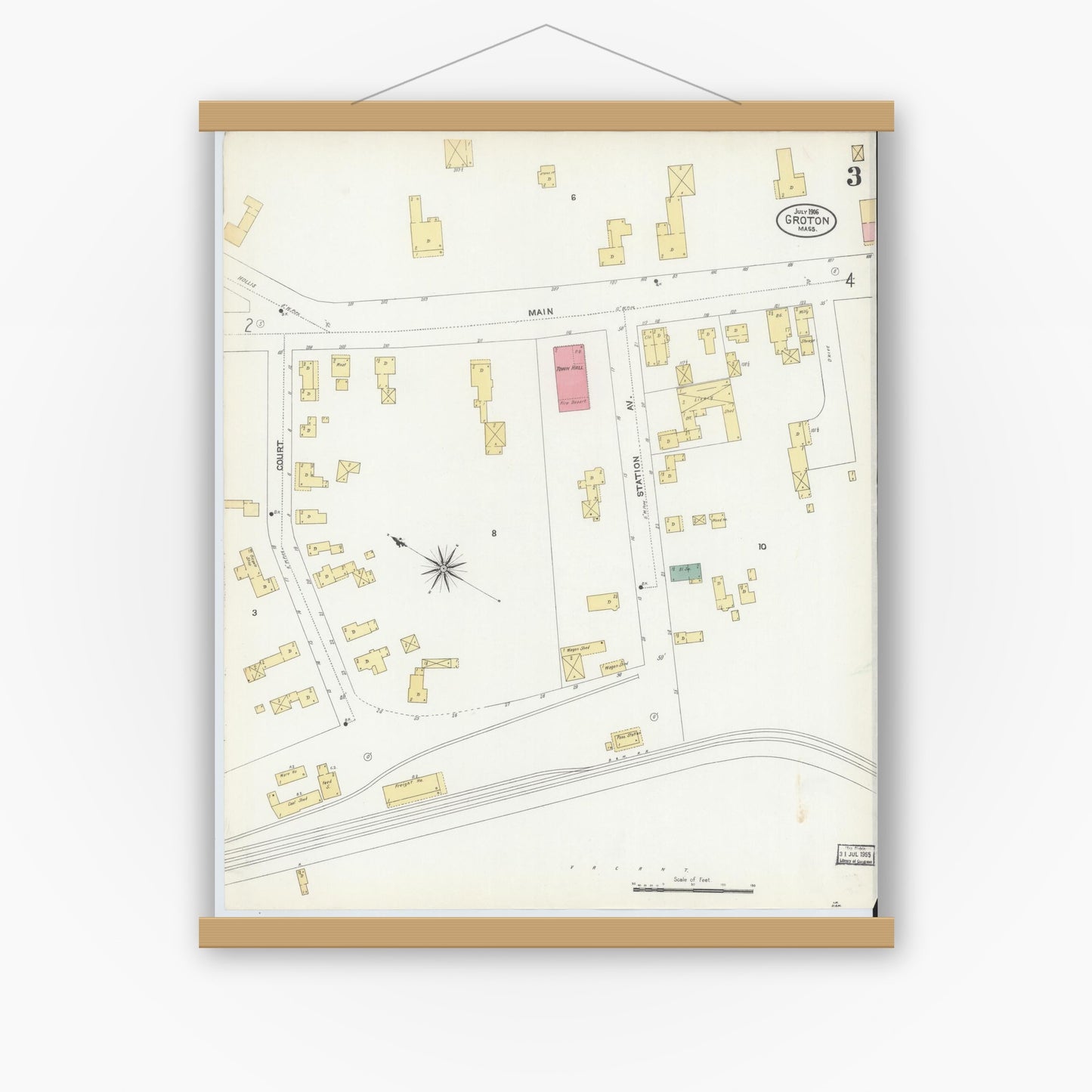 Old map wall art mockup — magnetic wood frame on white wall — Sanborn Fire Insurance Map from Groton, Middlesex County, Massachusetts (1906), Sheet #0003