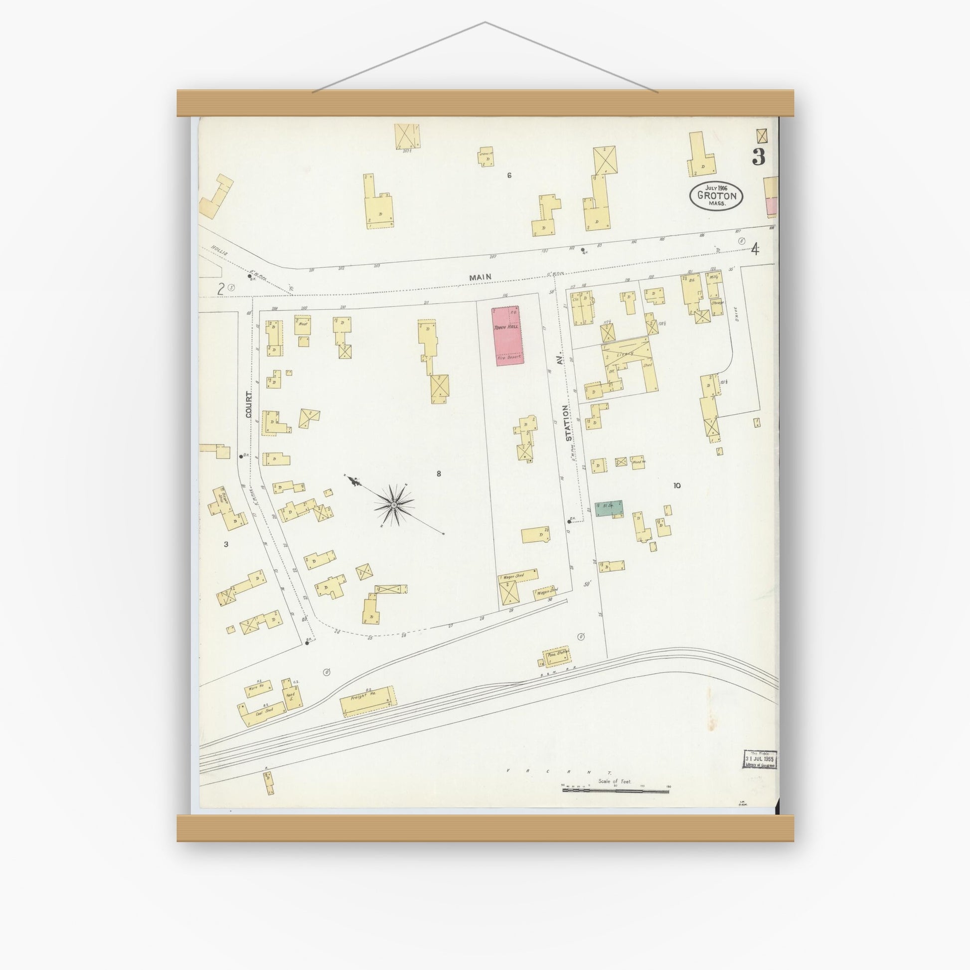 Old map wall art mockup — magnetic wood frame on white wall — Sanborn Fire Insurance Map from Groton, Middlesex County, Massachusetts (1906), Sheet #0003