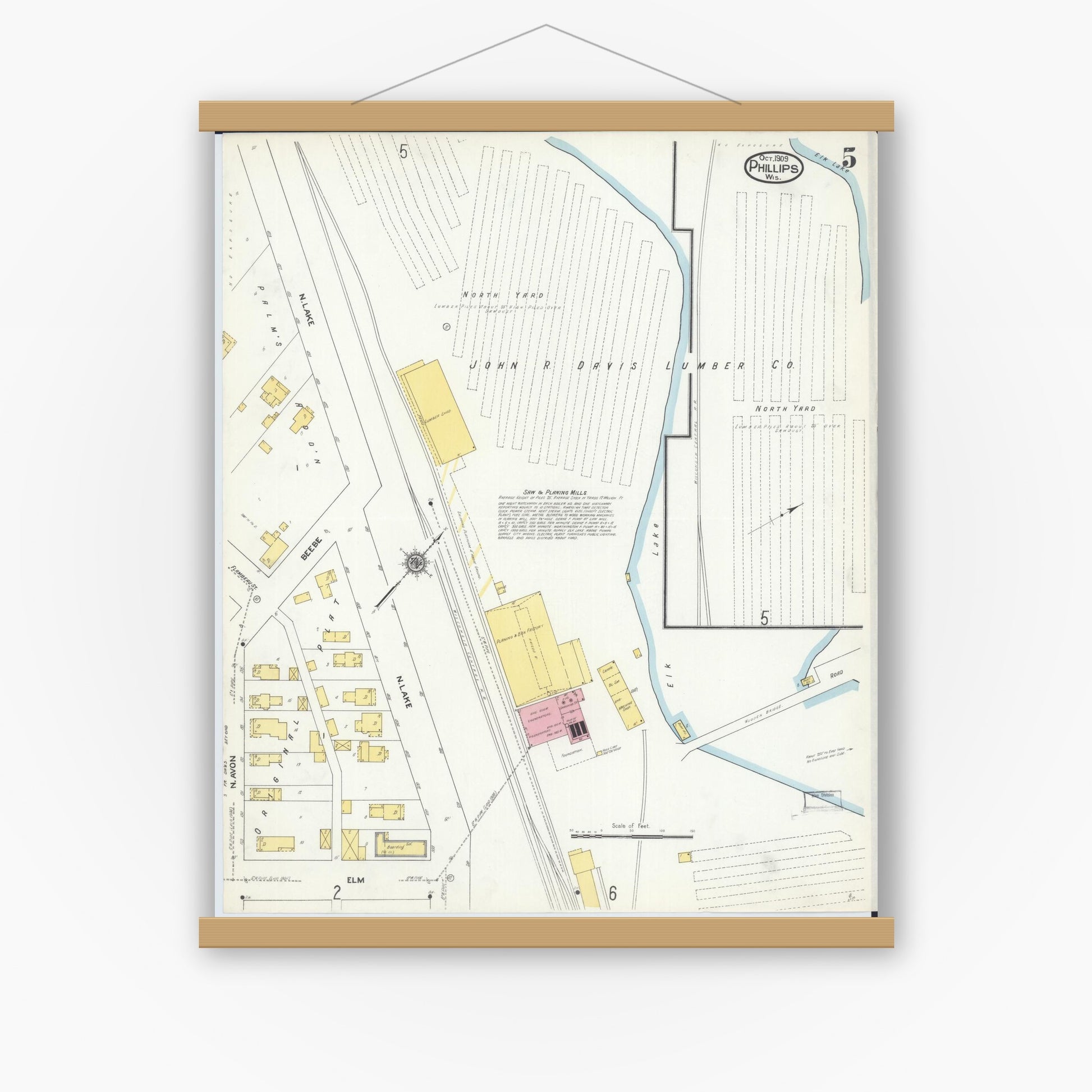 Old map wall art mockup — magnetic wood frame on white wall — Sanborn Fire Insurance Map from Phillips, Price County, Wisconsin (1909), Sheet #0005