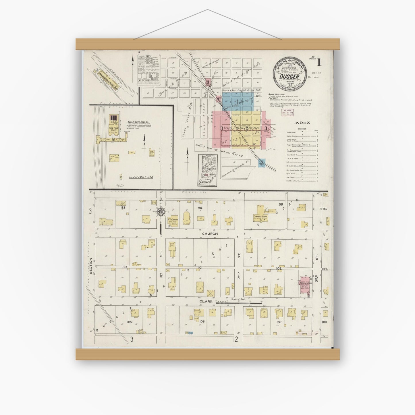 Old map wall art mockup — magnetic wood frame on white wall — Sanborn Fire Insurance Map from Dugger, Sullivan County, Indiana (1915) - Complete Map Set