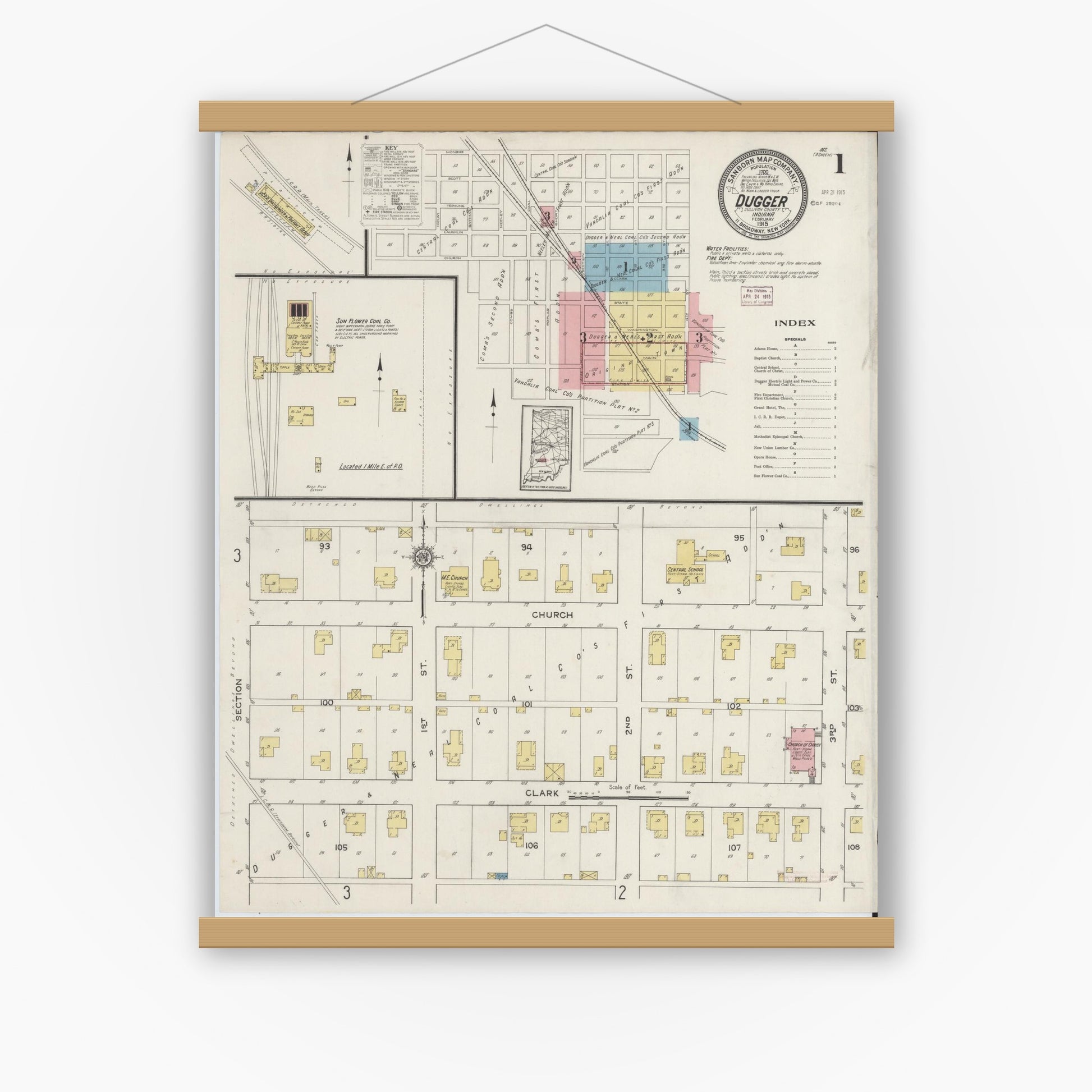 Old map wall art mockup — magnetic wood frame on white wall — Sanborn Fire Insurance Map from Dugger, Sullivan County, Indiana (1915) - Complete Map Set