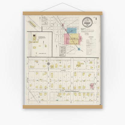 Old map wall art mockup — magnetic wood frame on white wall — Sanborn Fire Insurance Map from Dugger, Sullivan County, Indiana (1915) - Complete Map Set