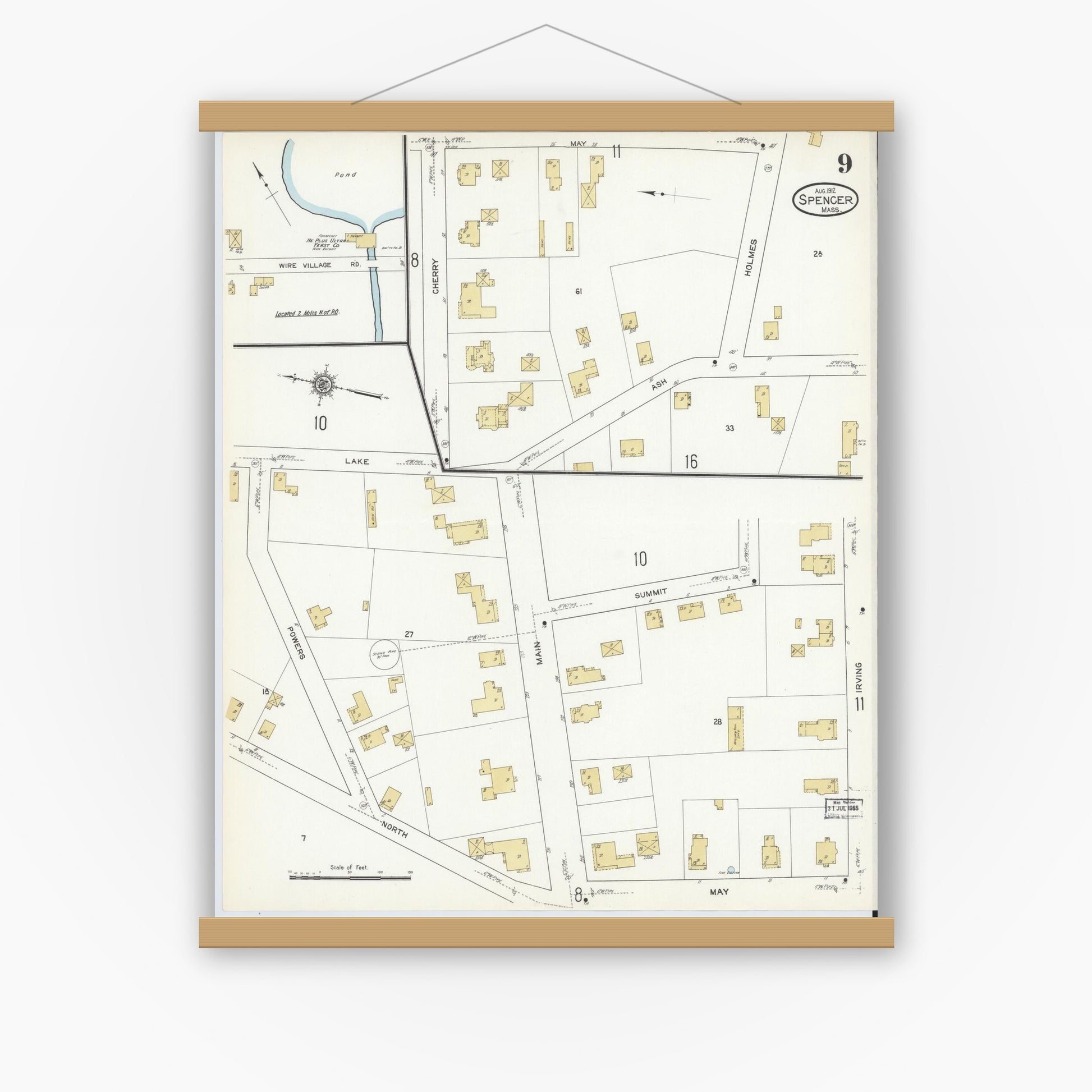 Old map wall art mockup — magnetic wood frame on white wall — Sanborn Fire Insurance Map from Spencer, Worcester County, Massachusetts (1912), Sheet #0009