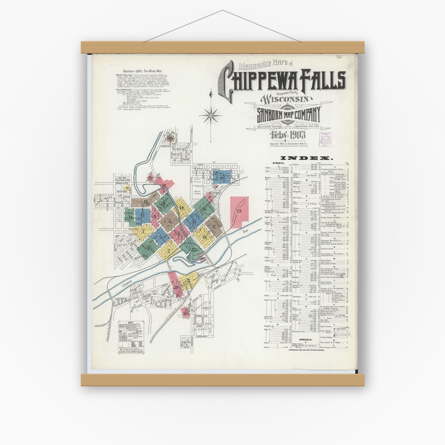 Old map wall art mockup — magnetic wood frame on white wall — Sanborn Fire Insurance Map from Chippewa Falls, Chippewa County, Wisconsin (1903) - Complete Map Set